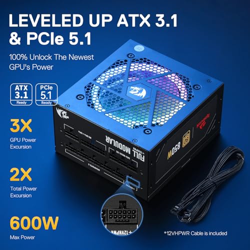 Image of Redragon RGPS-850W 80+ Gold 850 Watt Power Supply w /Upgraded ATX 3.1 & PCIe 5.1 Fully Modular, 12VHPWR Cable Included, 100% Japanese Capacitors, Smart ECO Low Noise RGB Fan, Compact 160mm Size