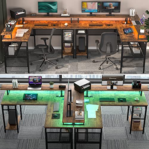 Unikito L Shaped Desk With Led Light And Power Outlet, Reversible Corner Computer Table With Monitor Stand And Storage Shelf, Modern L- Shaped Gaming Desk, Ergonomic Home Office Desk, Rustic Brown #TOP6