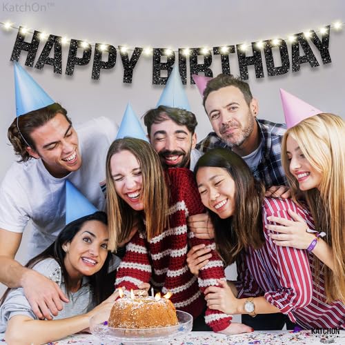 Image of KatchOn, Glitter Black Happy Birthday Banner Light Up - Prestrung, 10 Feet | Light Up Happy Birthday Sign | Happy Birthday Decorations for Men, Women, Boys, Girls | Birthday Party Decorations