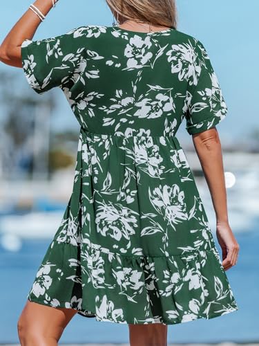 Image of CUPSHE Women Ruffle Floral Summer Dresses 2025 V Neck Short Sleeve Smocked High Waist Casual Beach Holiday Mini Dress