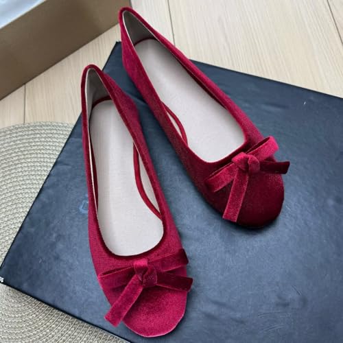 Image of TN TANGNEST Women's Velvet Flats Round Toe Ballet Shoes | Elegant Bowknot Flats Comfortable Casual Slip On Flats for Work