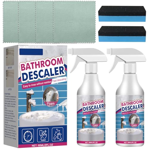 Toivize Bathroom Descaler 2x60ml Reiniger für Hartnäckige Flecken Badreiniger Extra Stark gegen Kalk Seifenreste Duschkabinenreiniger für Glas Dusche WC Armaturen mit Schwamm & Reinigungstuch