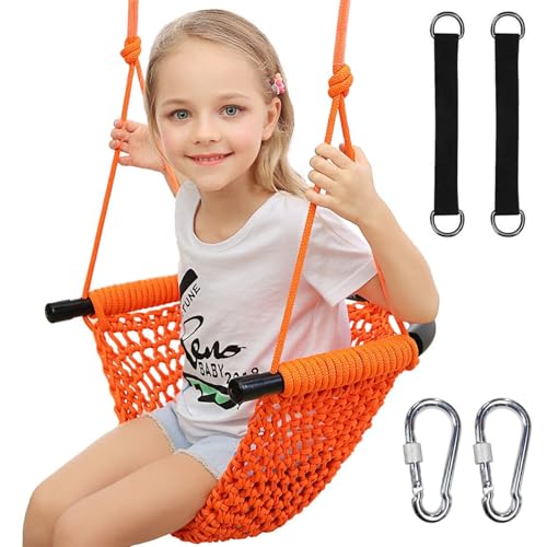 Image of Hi-Na Kids Swing for Swing Set, Heavy Duty Rope Swings with Snap Hooks and Straps, 440LBS Capacity, Toddler Swing Seat for Indoor Porch, Outdoor Playground, Tree, Orange