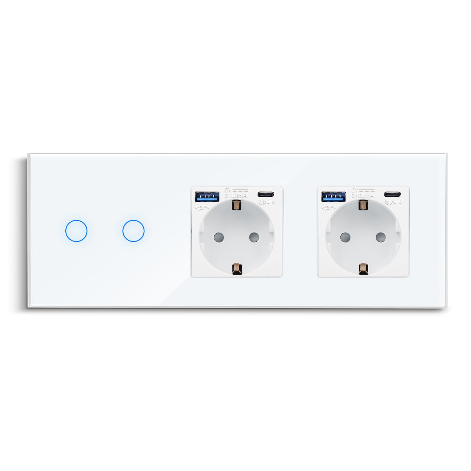CNBINGO Interrupteur tactile et double prise USB (charge rapide type C+A, 20 W) – Prise Schuko encastrée – Interrupteur mural en verre double avec LED