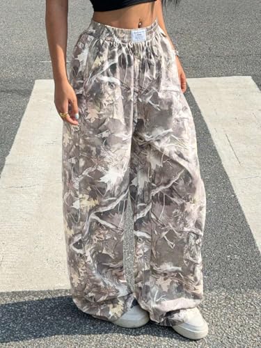 ZAFUL Women's Camo Cargo Pants Y2K Elastic High Waisted Wide Leg Casual Straight Pants Joggers Sweatpants with Patch Detail3