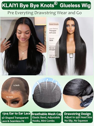 Image of KLAIYI Silky Straight Pre Everything Glueless Precut 13x4 Lace Front Wigs Human Hair Drawstring Pre Plucked Bleached Bye Bye Knots 30S Ready to Wear and Go Wigs for Black Women Natural Hairline 16Inch