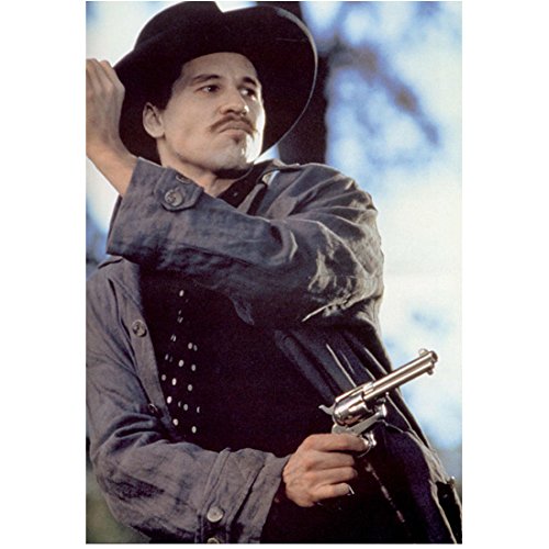 Val Kilmer in Tombstone As Doc Holliday, Grey Jacket and Silver Pistol Aimed and One Arm up Movie Still 8 X 10 Inch Photo