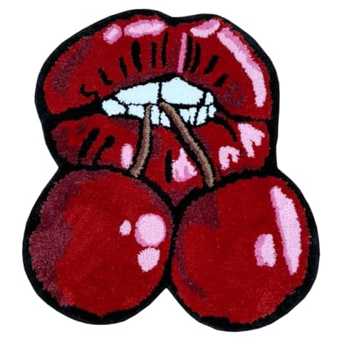 LAKEA Cherry Red Lips Creative Pattern Rug Cloakroom Game Room Housewarming Gift Handmade Non-Slip Unique Decorative Carpet Floor Pad Cover