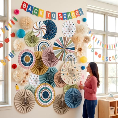 Image of 18 Pcs Boho Paper Fan Decorations Colorful Boho Hanging Paper Fans Round Garlands Bulletin Board Decor for Party Wedding Birthday Baby Shower Classroom Wall Decor