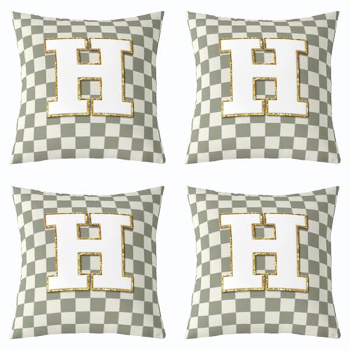 Image of Erosebridal Sage Green Checkered Throw Pillow Covers 22x22 Set of 2 Plaid Initial H Cushion Cover Personalized Monogram Throw Pillow Case for Bed Couch Sofa Fashion Grids Gingham Home Decor