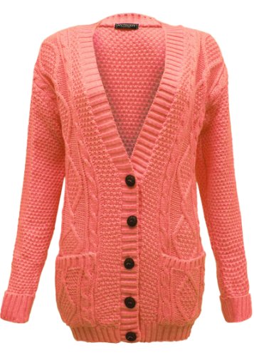 CEXI COUTURE NEW LADIES CABLE KNITTED BUTTON GRANDAD WOMENS KNITED BOYFRIEND CARDIGAN TOP CORAL ONE SIZE 8-14