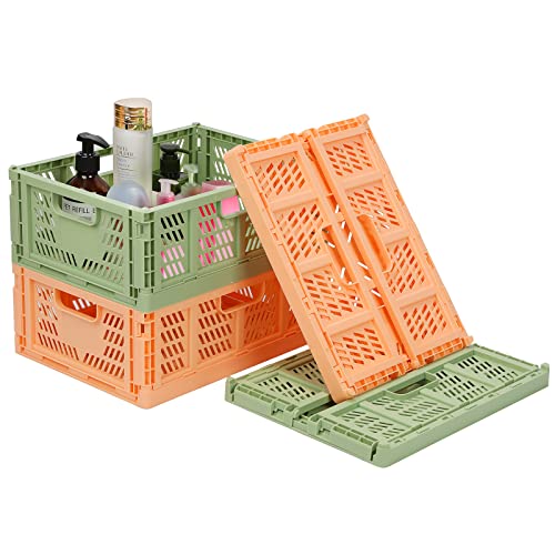 jocabo 2 Pink Green Plastic Storage Basket Folding Boxe Crate Drawer Organizer Stackable Shelf Collapsible Closet Container Food Fruit Bottle Book Organiser for Home Office Kitchen