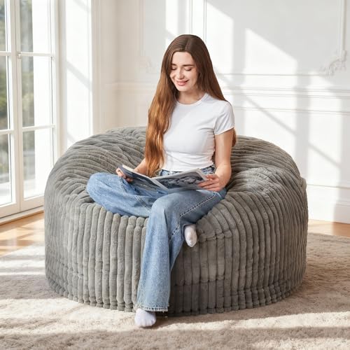 Image of 3FT Bean Bag Chair, 3' Large Bean Bag Chairs for Adults with Stripe Plush Cover, Memory Foam Beanbag Chair for Living Room Bedroom Dorm,Grey