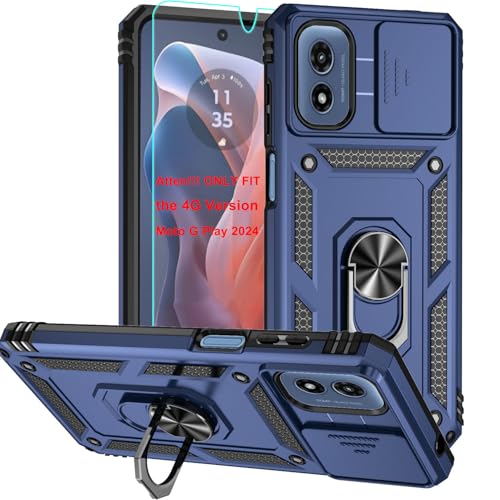 for Moto G Play 2024 Case, Soft Silicone Rubber Bumper Hard Plastic Phone Case with [Sliding Camera Lens Cover] [360° Rotatable Kickstand Ring] [HD Screen Protector] for Motorola G Play 2024 4G Blue