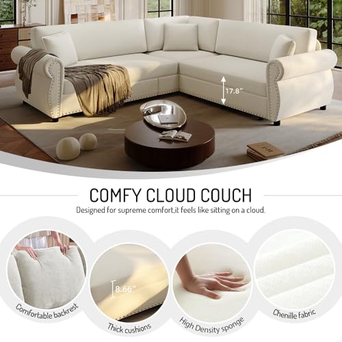Image of KCGKCG 88.2 inch Sleeper Sofa Bed, Sectional Couches for Living Room /Apartment, Chenille L Shaped Couch with Pull Out Couch Bed, Convertible Sectional Sofa with Rolled Arm & Nailhead Trim, Beige