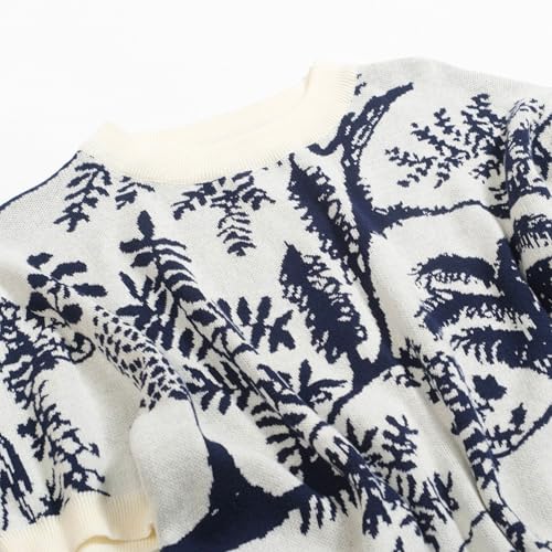 Men's Beige Knitted T-Shirt Short Sleeve, 1960s Mod Style Plant Pattern Crewneck Tops3