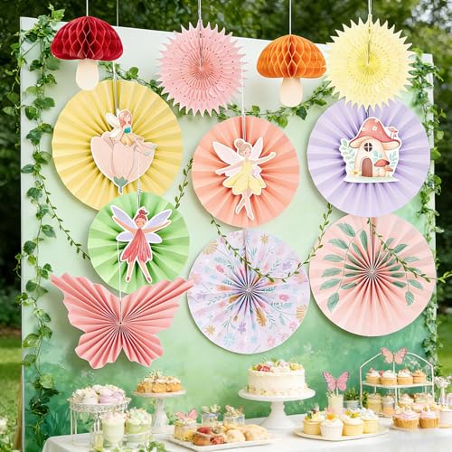 Image of EASY JOY Fairy First Birthday Decorations Fairy Party Decors Fairy Paper Fan Set Pastel Paper Fans Butterfly Fans with Vines Hanging Mushroom Honeycomb for Baby Shower Birthday Tea Party Garden Forest