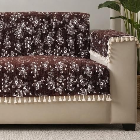 Image of STITCHNEST Woven Fabric Sofa Cover 3 Seater with 2 Hand Rest Covers - Washable Brown Sofa Cover with Tassels - Durable Premium Fabric - Stylish Sofa Protector for Living Room & Furniture Decor