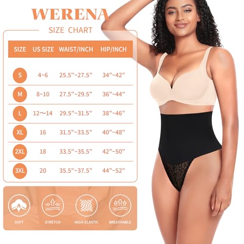 Image of Werena Tummy Control Thong Shapewear for Women Mid High Waisted Body Shaper Underwear Lace Shaping Thong Girdle Panties(#A1 Black 2 Pack,Small)