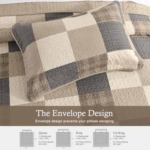 Image of 100% Cotton Oversized King Bedspread 128x120, Brown Neutral Plaid | Extra-Wide Coverage, Reversible 3-Piece Bedding Set, Fits Thick Mattresses, Lightweight All-Season Comfort, Modern Farmhouse