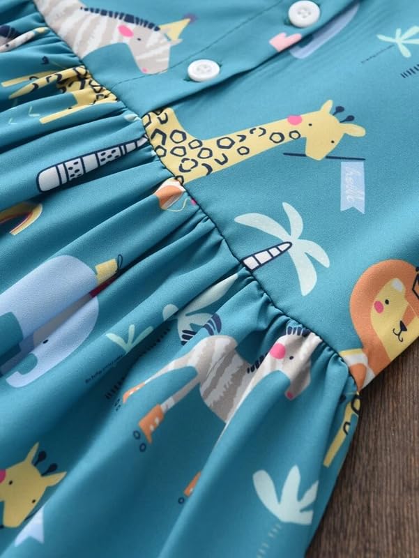 PAMBERSTON Baby Girl's Lycra Frock with High Round Neck Half Sleeves Animal Printed Pattern Knee Length and Regular Fit Blue 2