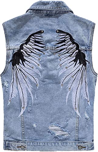 Lazutom Men's Cowboy Punk Denim Vest Distressed Sleeveless Jeans Vest Waistcoat