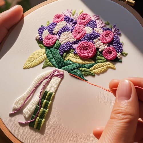 Image of TGFXA 5 Pack Beginner Embroidery Kit for Adults Spring Adult Craft Kits Cross Stitch with Flower Stamp Patterns Punch Needle Kits Adults Beginner Includes Rose Sunflower