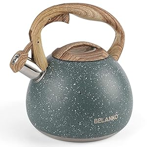 Tea Kettle, BELANKO 102 OZ / 3 Liter Whistling Tea Kettle, Tea Pots for Stove Top Food Grade Stainless Steel with Wood Pattern Handle, Loud Whistle Kettle for Tea, Coffee, Water, Milk – Black Green