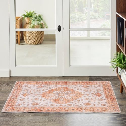 Vintage 2x3 Washable Area Rug, Low-Profile Entryway Rug with Non-Slip Backing & Durable Edge Binding, Pet-Friendly Doormat, Small Rug for Entryway, Kitchen, Living Room