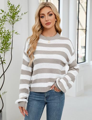 Image of Libsorge Womens Oversized Lightweight Cute Striped Cropped Sweater Spring 2025 Knitted Crew Neck Thin Crop Pullover Tops