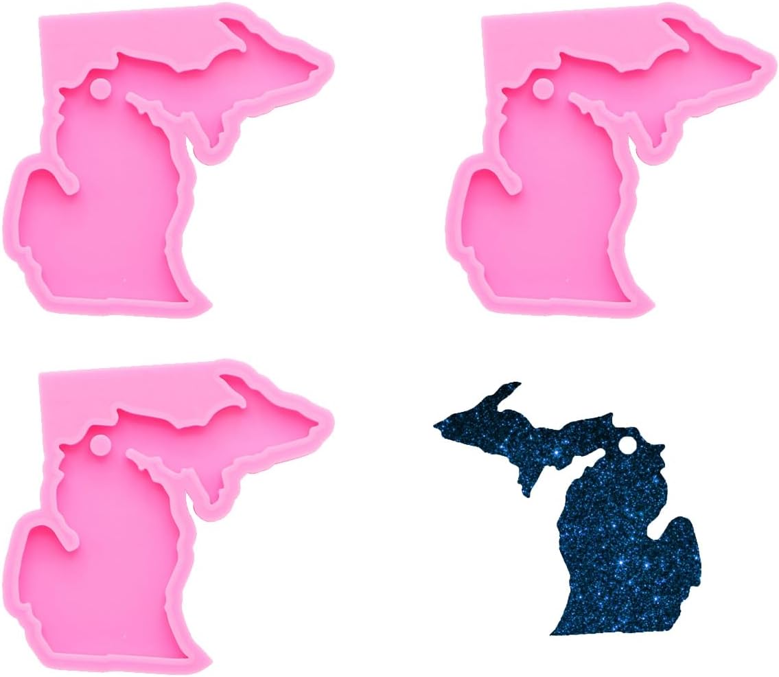3 piezas brillantes de América Michigan State Map Llavero molde de silicona con agujero para etiqueta de equipaje DIY, decoración de pasteles, molde