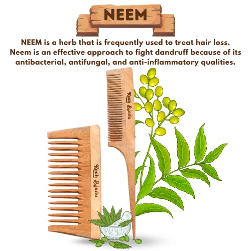 Image of Handmade Kacchi Neem Wooden Comb For Men & Women Detangling, Frizz Control & Shine, Suited For All Hair Diffrent Type of Kangi Combo Pack 2pis (Wide Tooth + Tel)