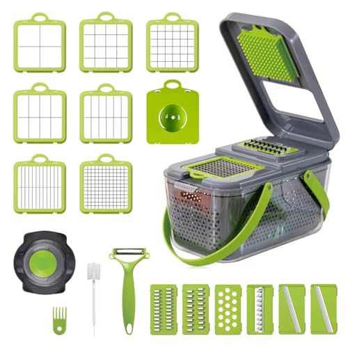 Cortador de Verdura Manual Mandoline 22 en 1, Cortador Frutas y Verduras Slicer Espiral Rallador de Cuchillas Acero Inoxidable con Cesta de Drenaje y Recipiente, con Separador de Huevos y pelador