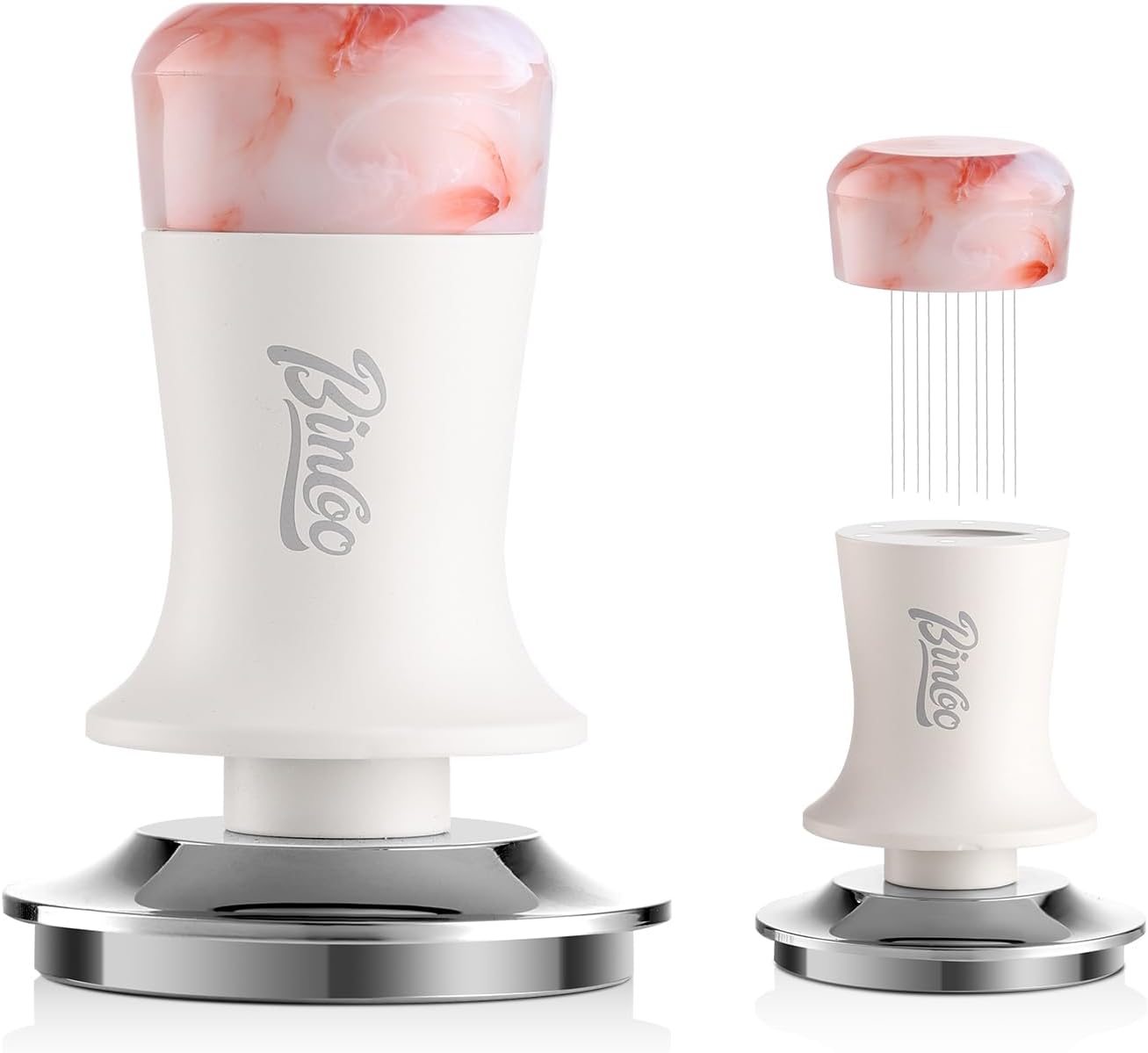 Bincoo 58mm 2-in-1 Coffee Tamper & WDT Tool,Espresso Tamper with Distributor Stirrer Function,Magnetic Espresso Tamper with 12 Needles,Stainless Steel Base Tamper Espresso Tool (Pink)