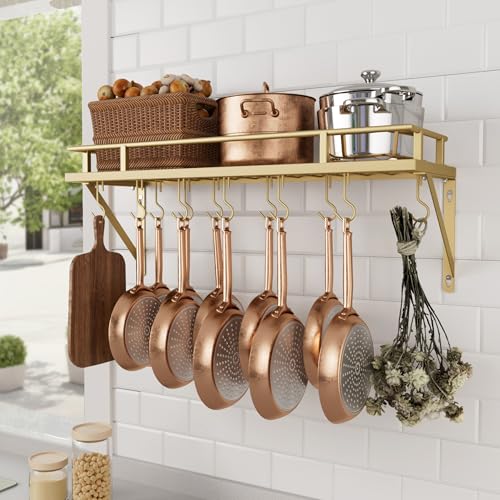KES 30-Inch Gold Pot Rack, Wall Mounted Hanging Pot and Pan Organizer with 12 Sturdy Hooks, Elegant Modern Kitchen Wall Hanger Shelves, KUR215S75A-GD