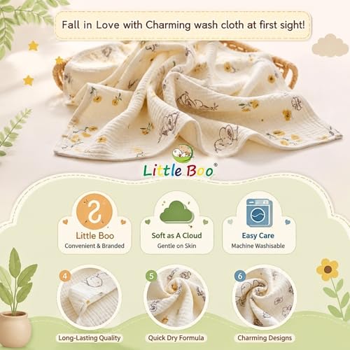 Image of Little Boo Muslin 6 Layer Organic Cotton Face Towel for Newborn Baby, Baby Bath Towel Wipes Extra Soft Hankies Handkerchief for Kids, Reusable Towel for Toddlers Kids - (Pack of 5) - Beige Printed.
