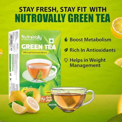 Image of NutroVally Green Tea|Refreshing Lemon green tea|Improves Metabolism & Reduces Fat||25 tea bags|100% Pure & Authentic|Lemon tea bags|No Artificial Flavour|Rich in Antioxidants|Lemon tea