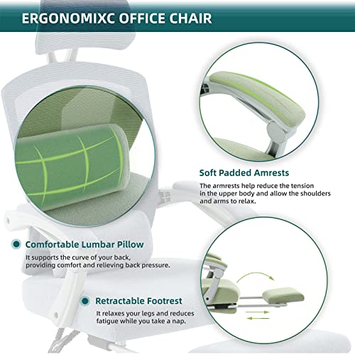 Image of DUMOS Home Office Desk Chair with Footrest, High-Back Mesh Rolling Swivel Reclining Chairs with Wheels, Comfortable Headrest, Lumbar Support, Comfy Arms for Home, Office, Gaming, Elegant Green