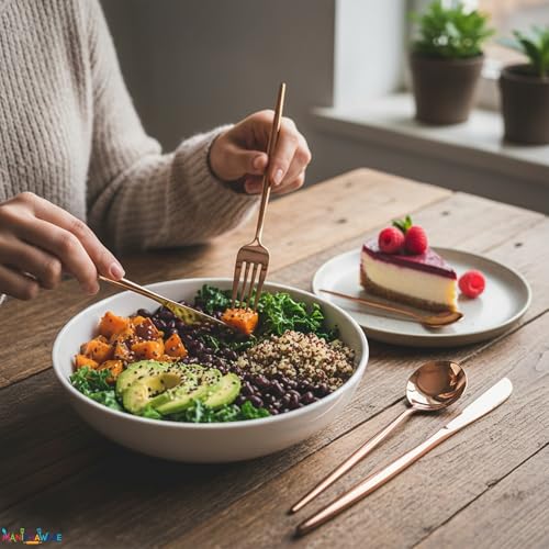 Image of Slim Handle Rose Gold 4 Pcs Stainless Steel Cutlery Set for Dining Table, Dishwasher Safe Glossy Flatware (1 Spoon Set + 1 Forks Set + 1 Butter Knife + 1 Dessert Spoon)