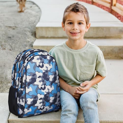 Image of Wildkin 15 Inch Backpack for Kids, Blue Camo | Ages 5-10, padded straps, side water bottle pocket - coordinates with matching Wildkin lunch boxes