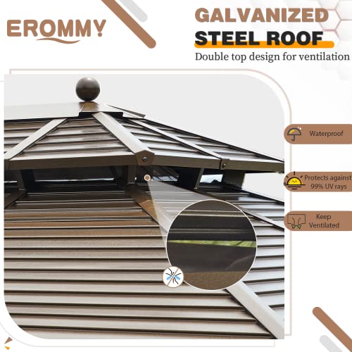 Erommy 10' X 13' Hardtop Gazebo Double Roof Galvanized Steel Canopy Outdoor Aluminum Frame Permanent Metal Pavilion With Netting And Curtains For Patio Backyard Deck And Lawns #TOP2