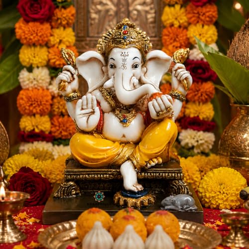 Image of Handcrafted Lord Ganesh Idol | Ganesha Statue for Home Temple, Pooja Room, Office Decor | Gold Painted Hindu God Figurine | Diwali, Housewarming & Wedding Gift (8 Inch, Marble Dust)