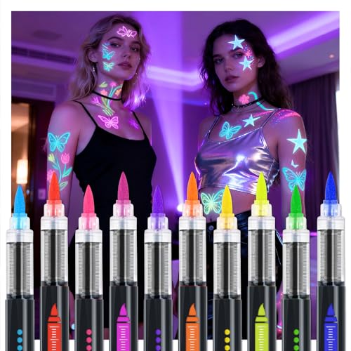 MOWETOO 10 lápices de tatuaje de color neón, colores fluorescentes que brillan en la oscuridad, colores de pintura corporal, lápiz UV para fiestas de neón, decoración de luz negra