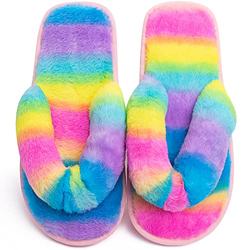 Women's Fuzzy Memory Foam Flip Flop Slippers Soft Comfy Open Toe Slip On Spa Thong Flat Sandals Ladies House Home Furry Sandal Slides Indoor Outdoor2
