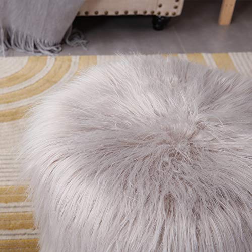 Mxfurhawa Grey Modern Faux Fur Vanity Stool Ottoman, Anti Scratch Golden Metal Legs, Side Table Seat for Living Room, Bedroom and Kids Room Chairs, Decorative Furniture Foot Rest (Silver Grey)