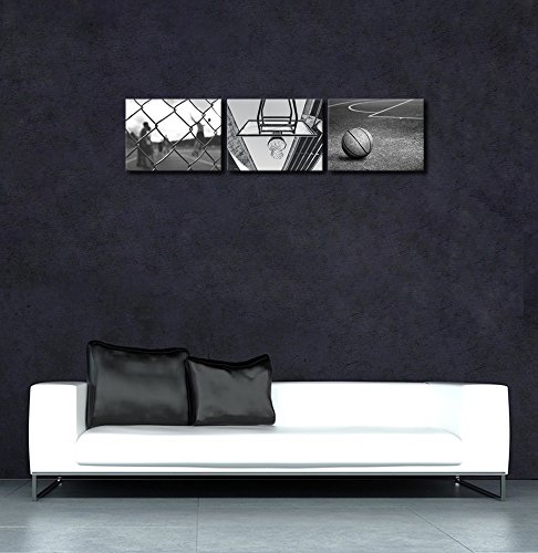 Klvos 3 Panels Black And White Wall Art Antique Basketball And Low Angle View Basketball Hoop Sport Canvas Art Modern Home Decor Framed For Boys Room Ready To Hang (12"X16"X3, Vintage Basketball) #TOP3