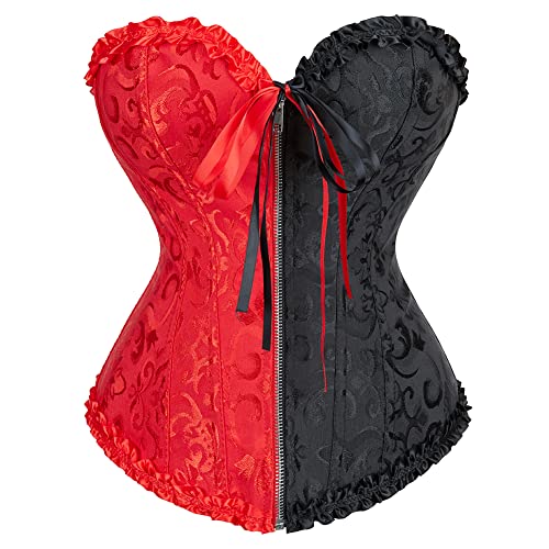COSWE Black Red Lace Up Corsets for Women Bustier Lingerie for Women Womens Front Zipper Corset Top X-Large
