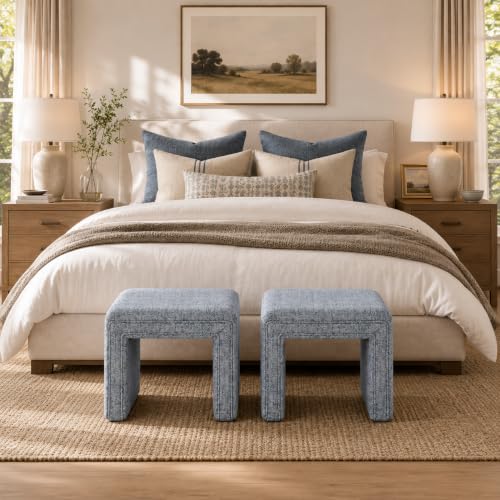 Image of HomePop 19 inch Modern Waterfall Ottoman - Blue Gray Woven Fabric