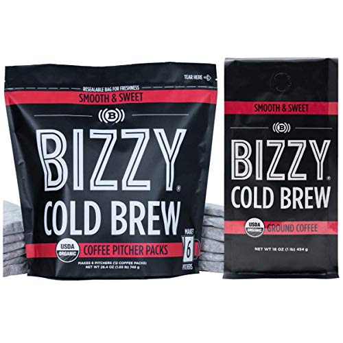 Bizzy Organic Cold Brew Coffee | Bundle | Coarse Ground Coffee | Smooth & Sweet 1 Lb + Pitcher Pack 12-Count | 2 Pack #TOP18