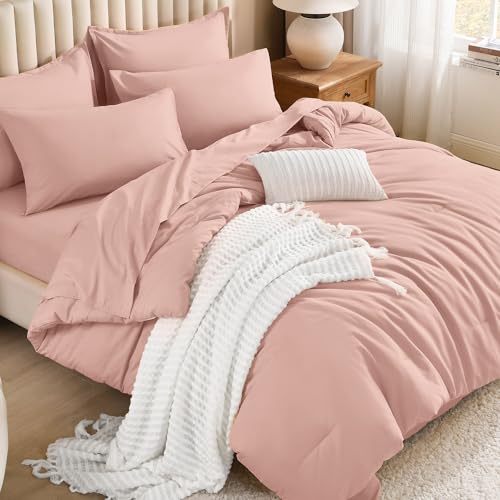 Image of Litanika Comforter Queen Size Set Blush Pink - 7 Pieces Bed in a Bag Queen Bedding Comforter Sets, Plain Lightweight Bed Set with Comforter, Sheets, Pillowcases & Shams